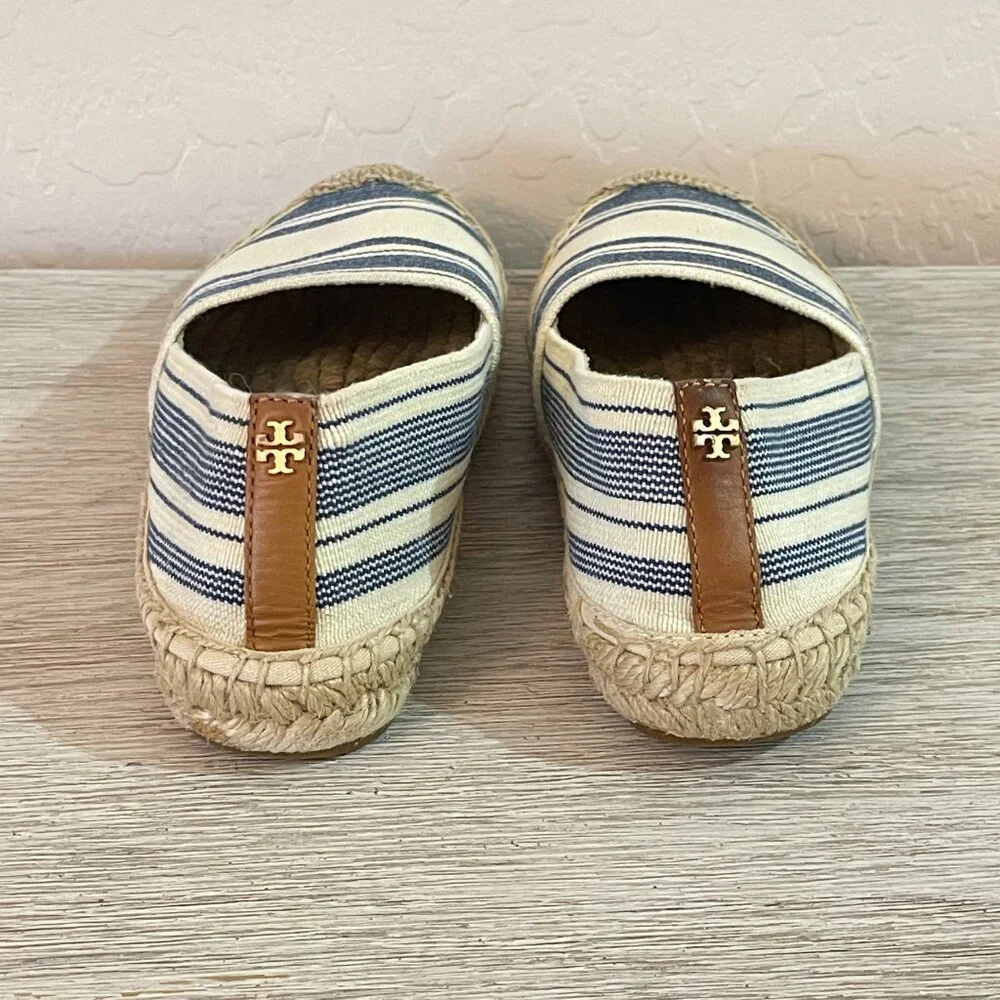 Tory Burch Espadrille Flats Slip On Shoes Ivory Navy Blue Stripe 7
